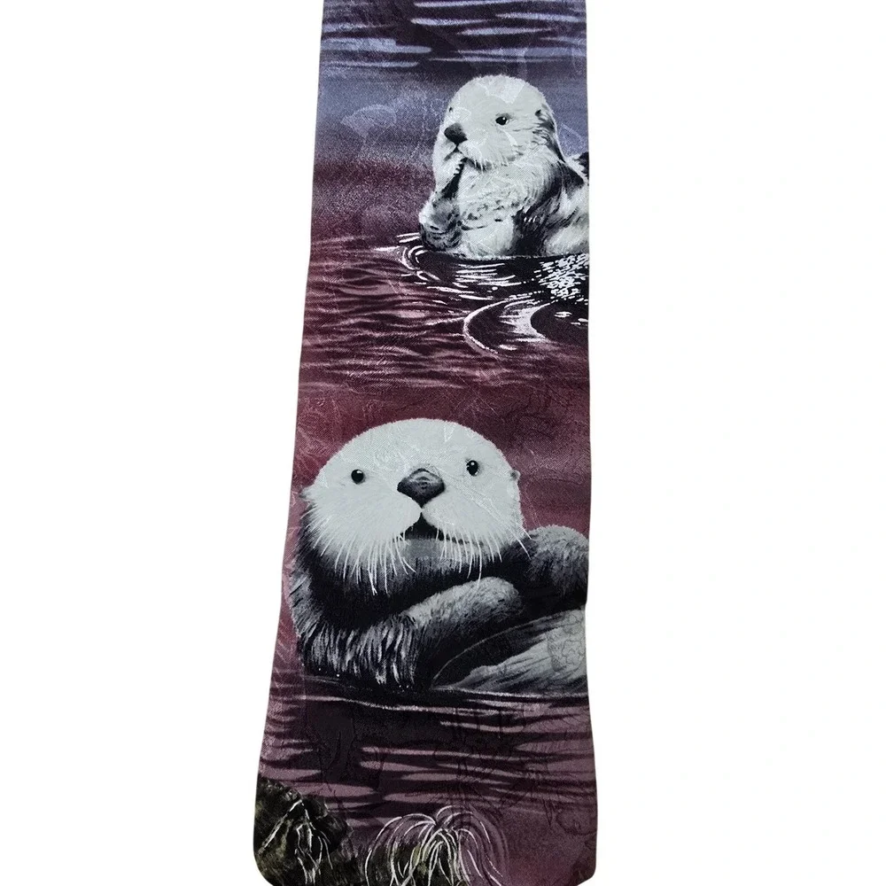 Endangered Species Sea Otter Silk Necktie Purple Novelty Animal Print Tie OS